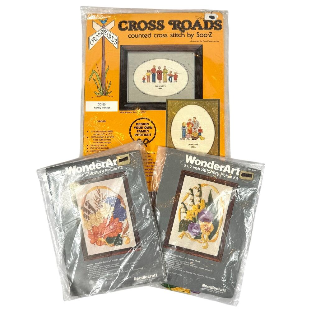 Vintage NEW Cross Stitch & Embroidery Craft Kits Wonder Art Lot of 3 NWOT